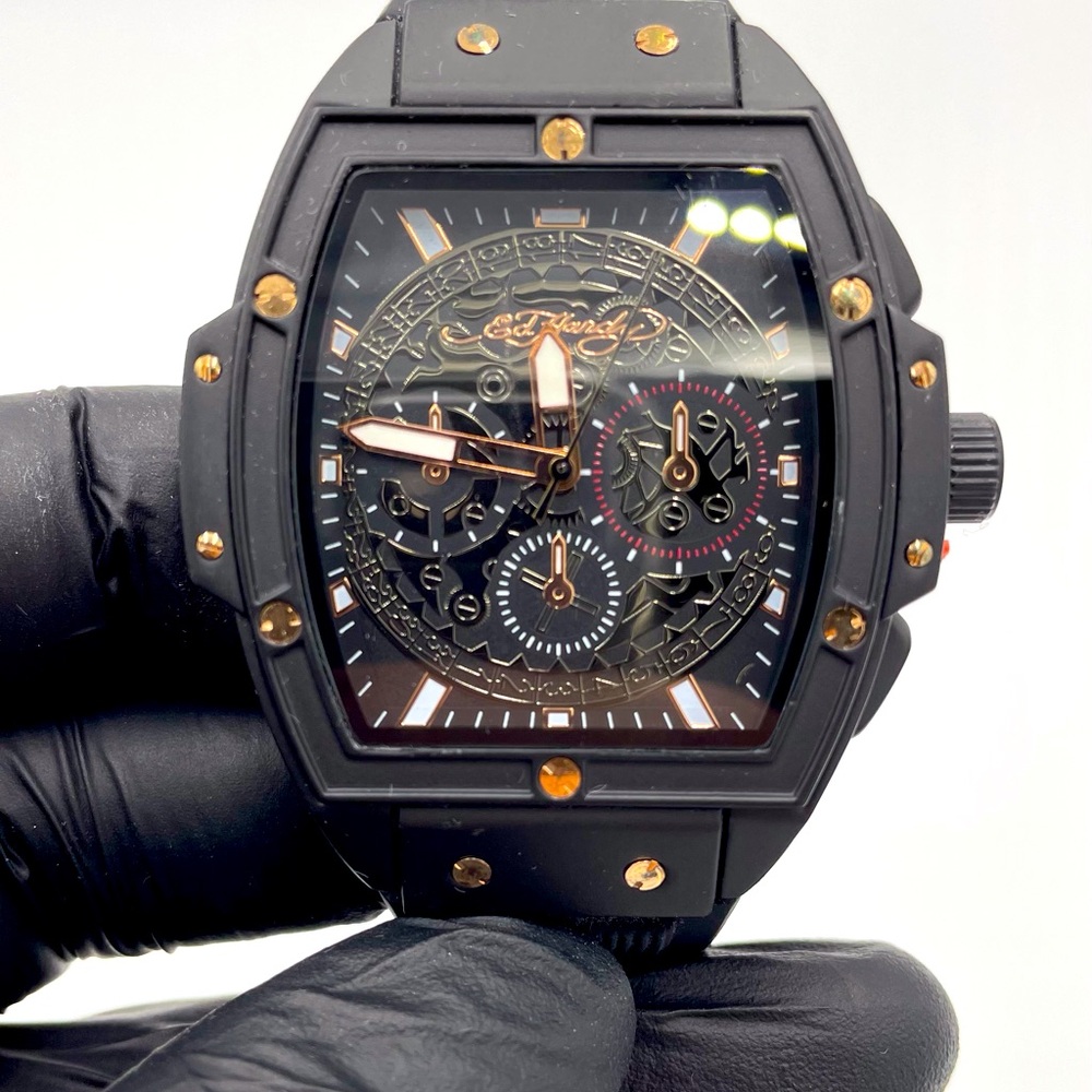 Ed Hardy Black and Gold Watch with Intricate Dial